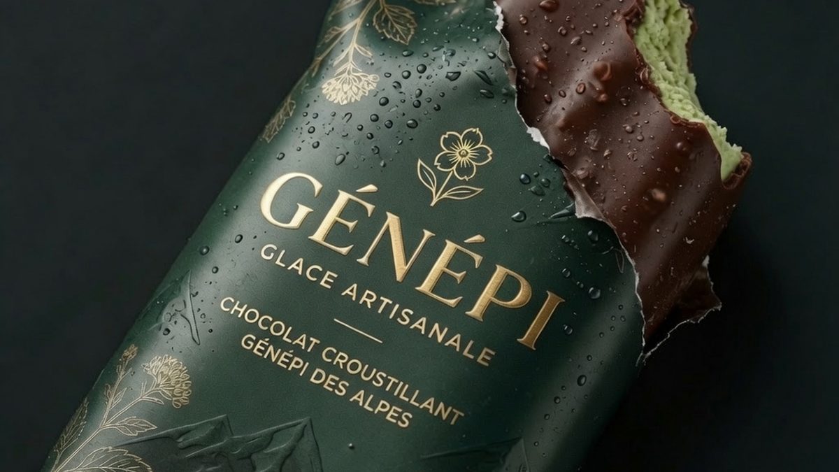 Esquimau au génépi enrobé de chocolat dans un emballage vert et or orné de plantes des Alpes
